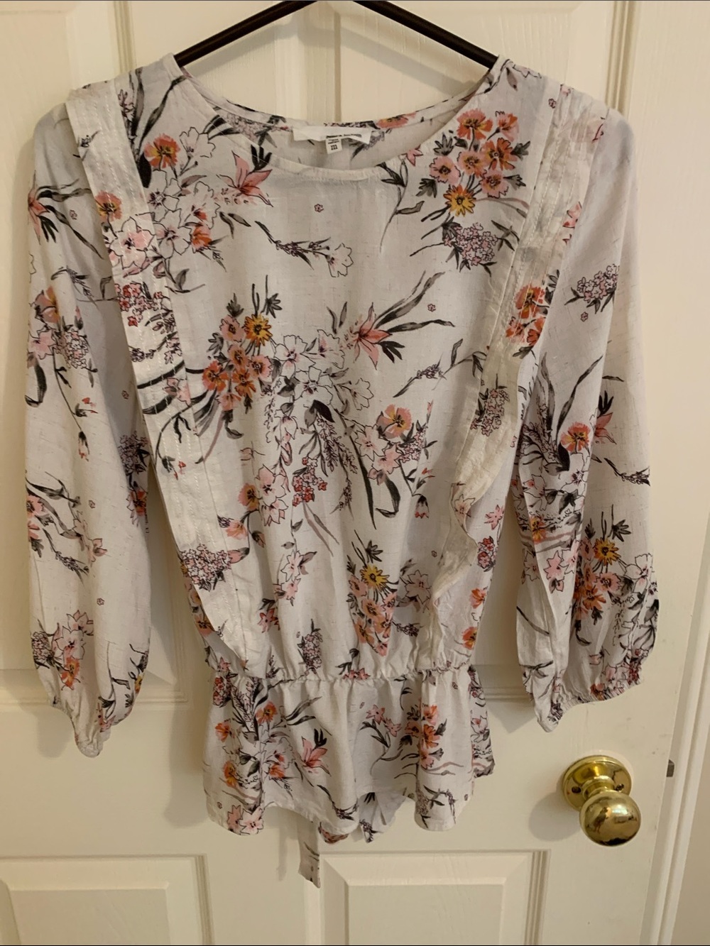 Anthropologie Light Gray Floral Peplum Blouse with Pink & Orange Flowers